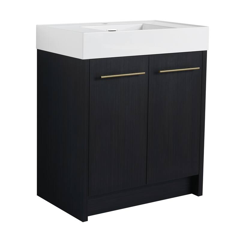 24" Bathroom Vanity with Resin Sink, Soft Close Hinges, Adjustable Storage, Black Chestnut Color, Freestanding Cabinet