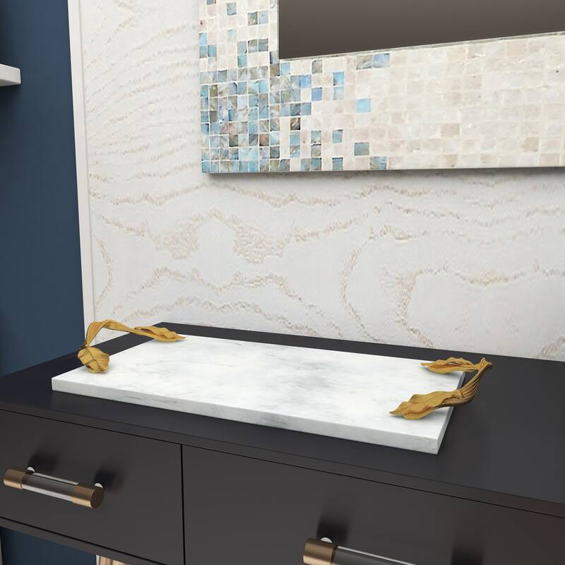 White Marble Oval or Rectangular Tray with Gold Twisted Leaf Handles