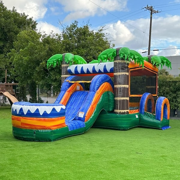 slide 2 of 9, XJUMP Tropical Commercial Grade Inflatable Water Slide Bounce House Combo with Attached Splash Pool (with Air Blower) Kids