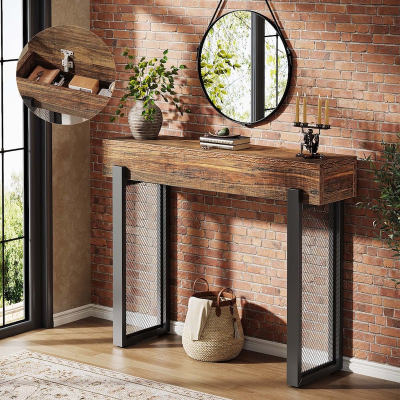 Industrial Small Console Table with Mesh Metal Legs for Entryway - Brown+Black