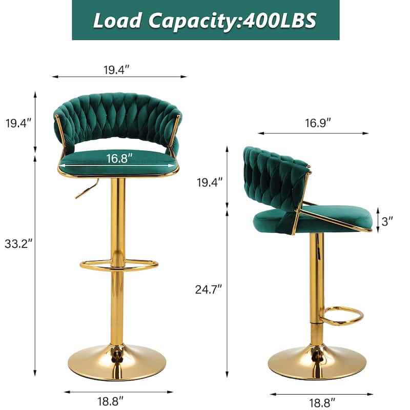 Set of 4 Modern Velvet Adjustable Bar Stools with Backs