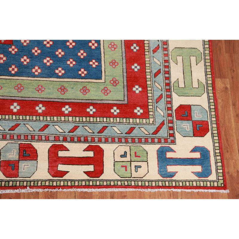 Hand Knotted Oriental 100% Wool Carpet Traditional Geometric Multi-Colored Kazak Area Rug - 11' 5'' X 8' 6''