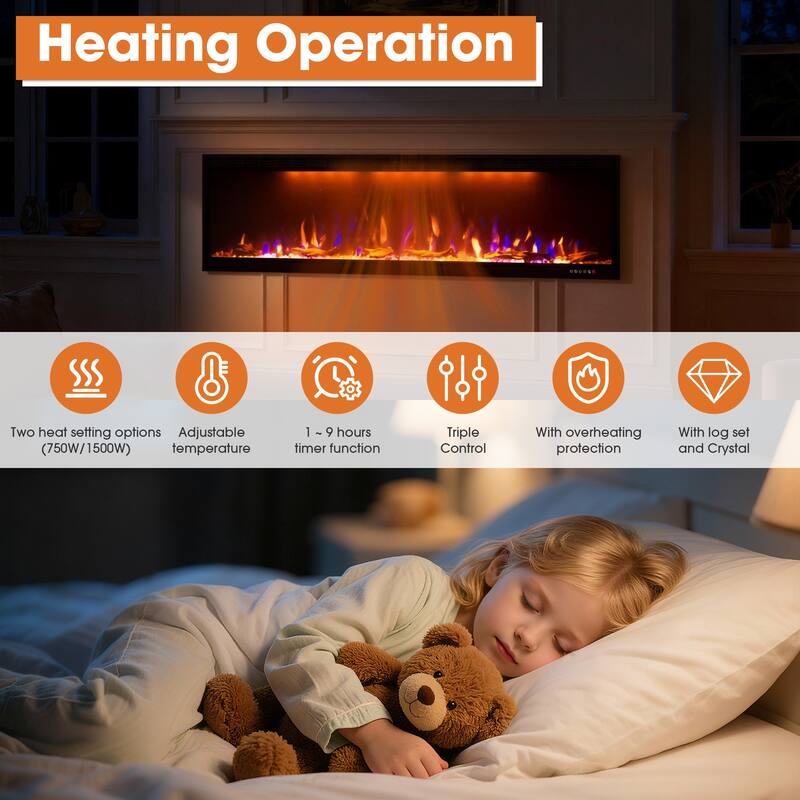 52" 1500W Inserted Wall Mounted Modern Smart Electric Fireplace Heater with APP Control and Remote