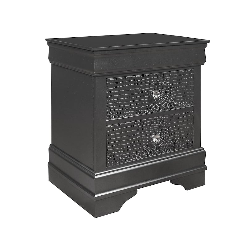 Contemporary Crocodile Texture Nightstand with Crystal Hardware - Metallic Grey