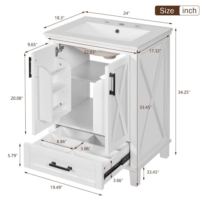 24" Bathroom Vanity with Ceramic Sink Bathroom Storage Cabinet with Divided Drawer and Storage Shelves