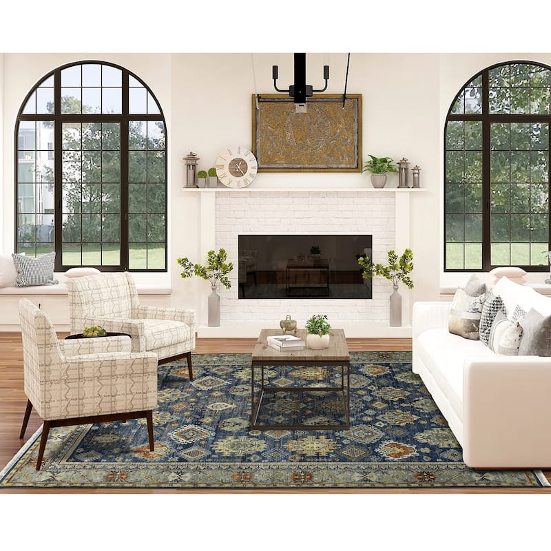 Milano Effy Traditional Bordered Hand-Knotted Area Rug - 2' x 3' - Dark Blue