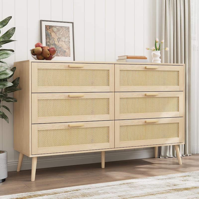 Rattan 6 Drawer Dresser, Wide Chest of Drawers with Wood Handles and Legs