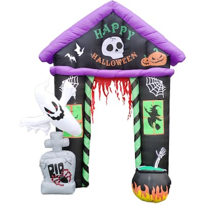 Haunted Hill Farm 9-ft. Prelit Inflatable Haunted House Arch with Ghost, Tombstone, and Cauldron