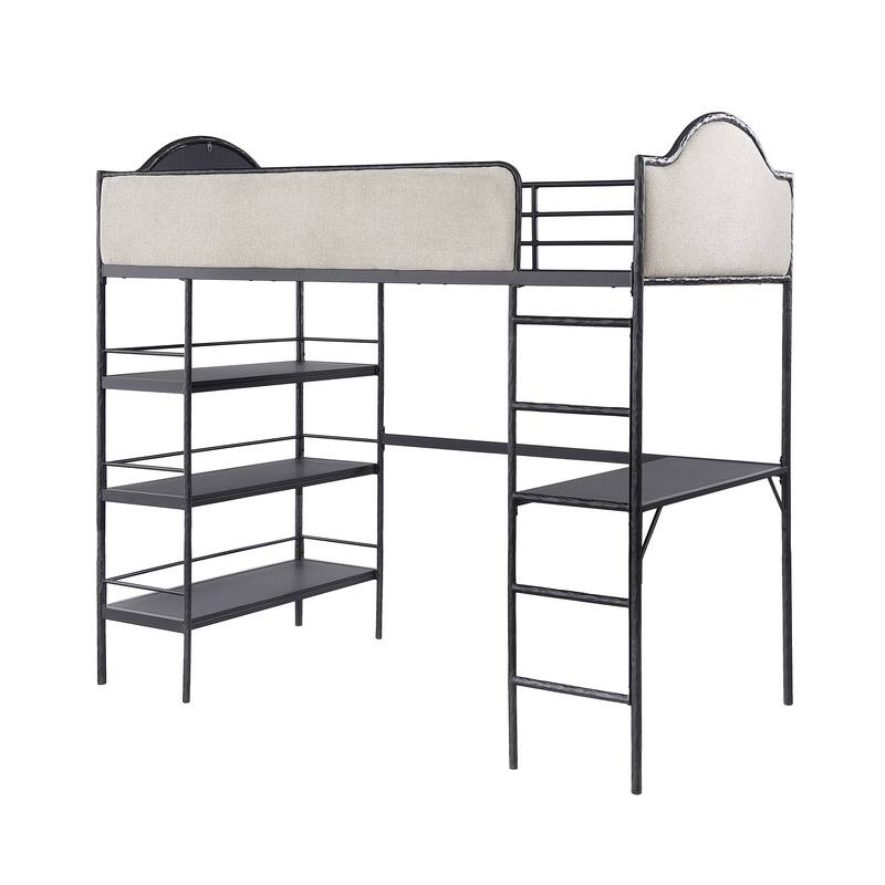 Furniture of America Orven Modern Black Metal Twin Loft Bed with Desk and Shelves