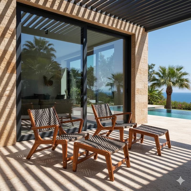 M4H Sevilla Outdoor Wicker Wooden Lounge Chair Set with Ottoman - 9' x 12'
