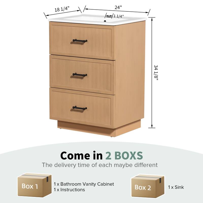24 Inch Floor Standing Bathroom Vanity with Ceramic Sink and 2 Drawers