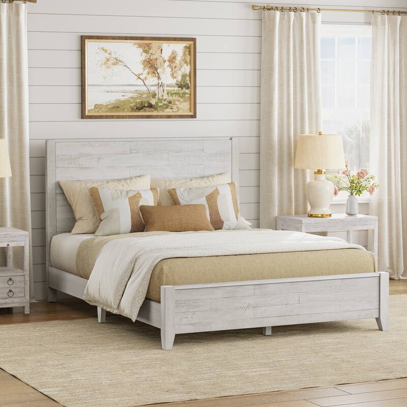 LUE BONA Pine Platform Bed with Distressed Headboard, Solid Wood Queen Bed Frame/King Bed Frame/Full Bed Frame - Rustic White - Queen