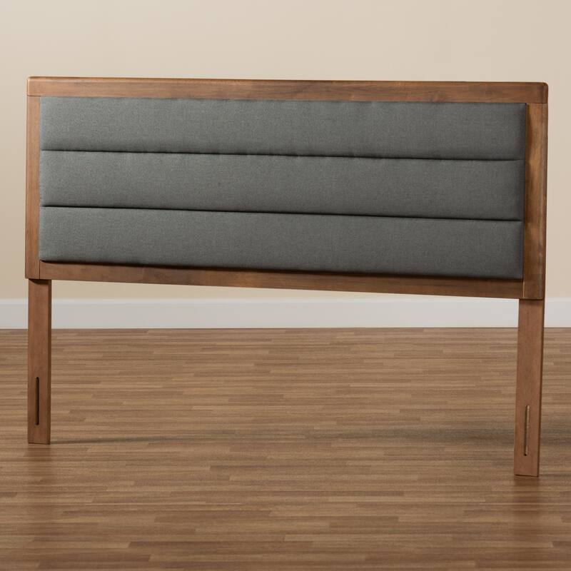 Modern Dark Grey Fabric Upholstered King Size Headboard with Walnut Wood Frame and Soft Foam Padding