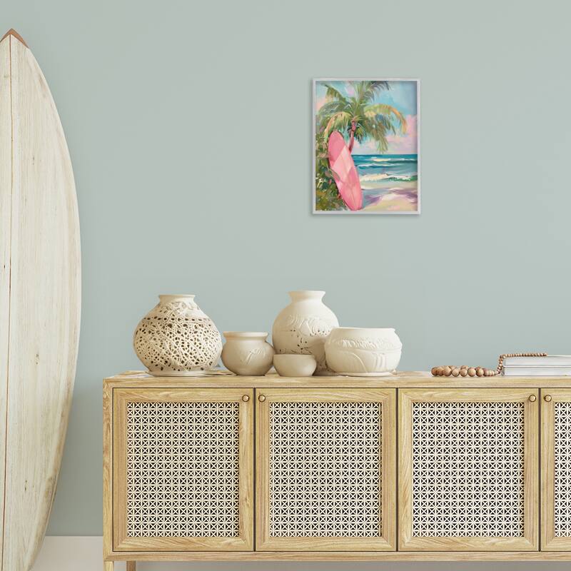 Stupell Pink Surfboard on Beach Framed Giclee Art Design By Arlington Prints