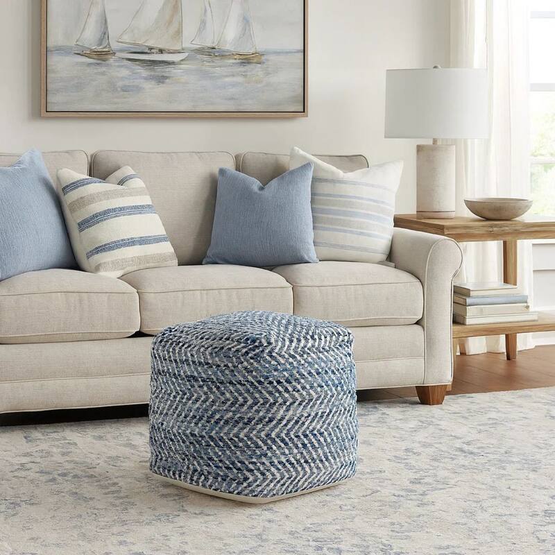 Fabric Round Shaped Pouf with Chevron Pattern, Blue