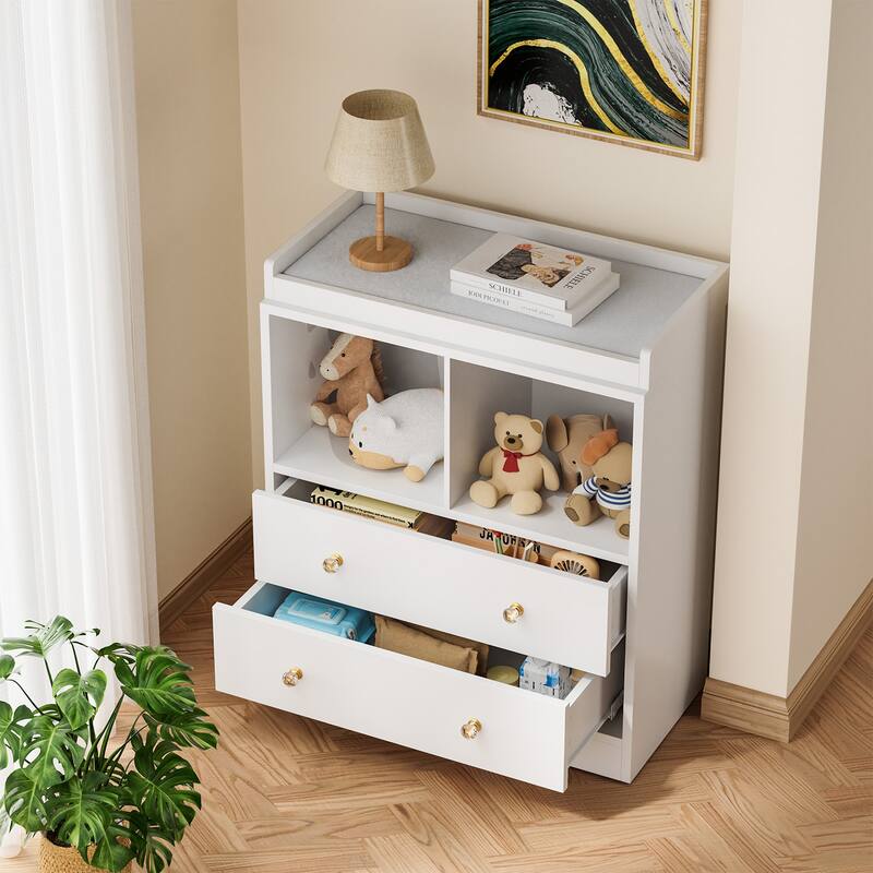 Changing Table With Pad, Modern Changing Station With 2 Drawers and 2 Open Compartments