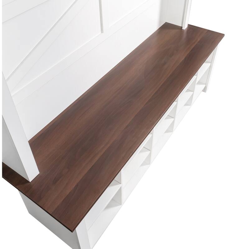 Rustic Hall Tree with 6 Hooks, Practical Entryway Bench with Adjustable Shelves, Wood Shoe Cabinet w/ 16 Open Compartments