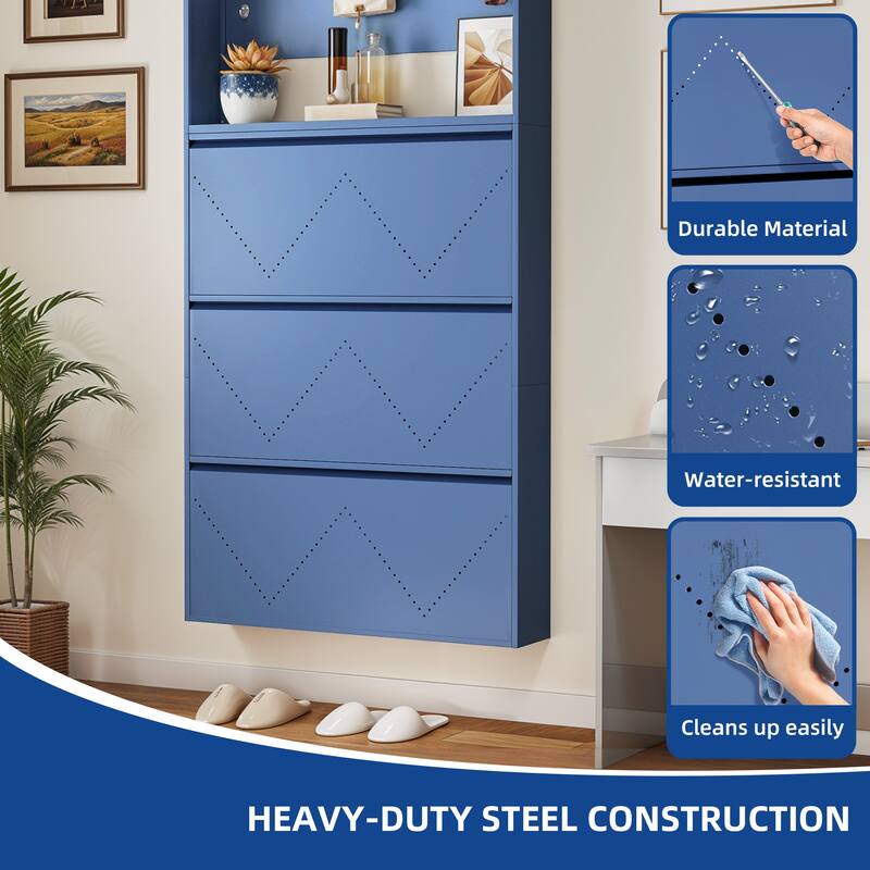 Moasis 3-Drawer Flip-Down Shoe Storage Cabinet, Wall-Mounted Metal Organizer