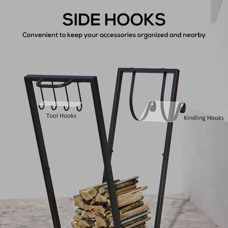 Metal Log Rack with Swivel Casters and Hooks Black Indoor and Outdoor Firewood Storage - 31.1" x 11.8" x 31.9"