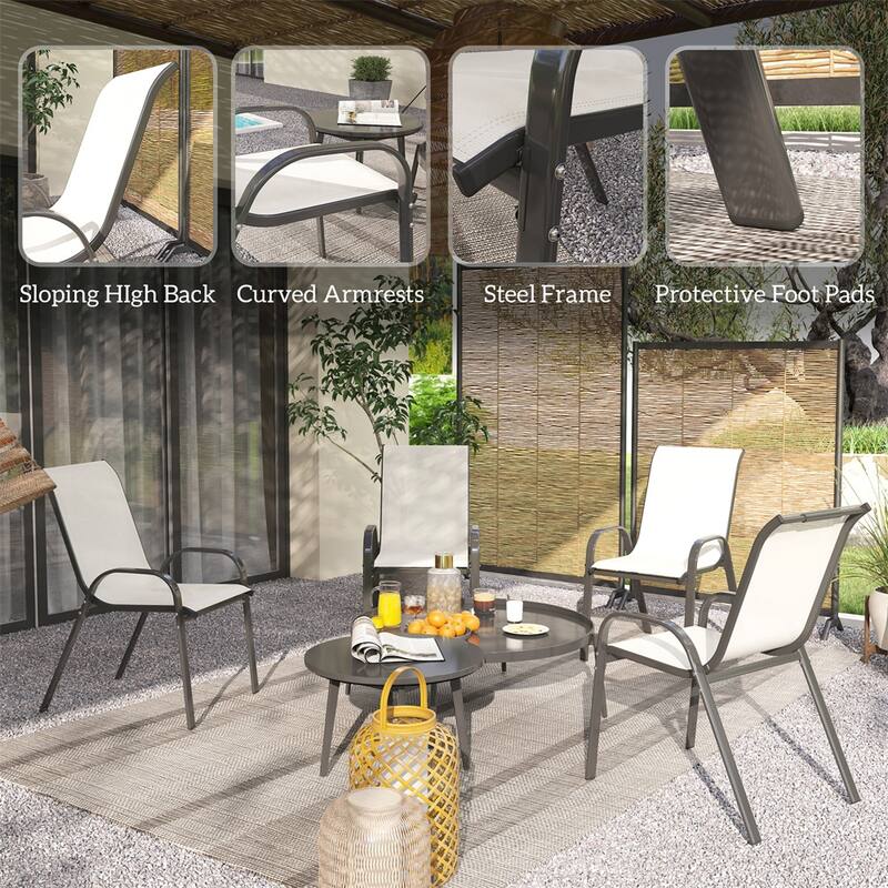 Black Steel Outdoor Dining Chairs Set of 4 with Mesh and Stackable Design - 21.3" W x 28" D x 36.6" H