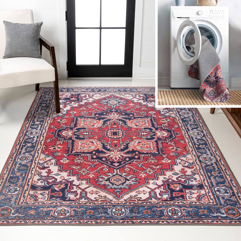 JONATHAN Y Victoria Ornate Large Medallion Machine Washable Area Rug - 4 X 6 - Red/Navy
