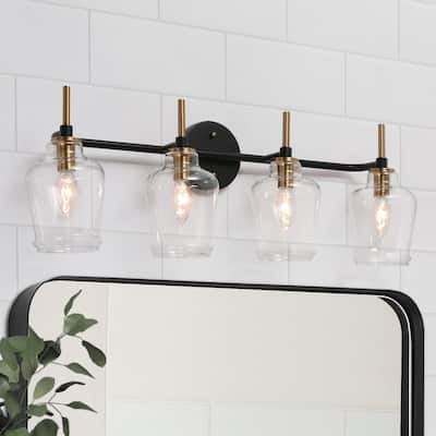 4-Light Black Gold Modern Bathroom Vanity Light Glass Wall Sconces for Powder Room