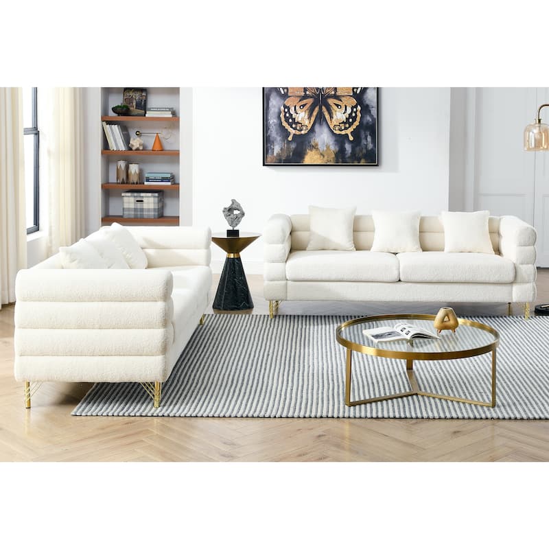 Roomfitters Luxury 3-Seater Teddy Fabric Sofa with Gold Metal Legs, Deep Seating Couch with Pillows - White Teddy - 3+3 Seater