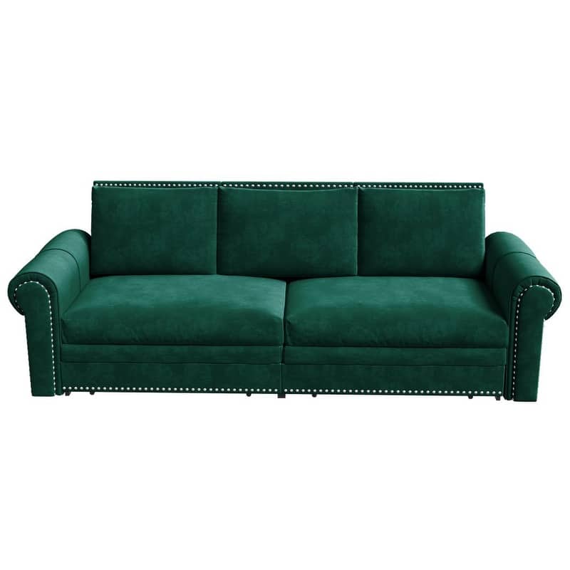 3-in-1 King Pull Out Sofa Bed Chesterfield Sofa, Velvet/Faux Leather Convertible Sleeper Sofa with Nailhead Trim & Rolled Arm