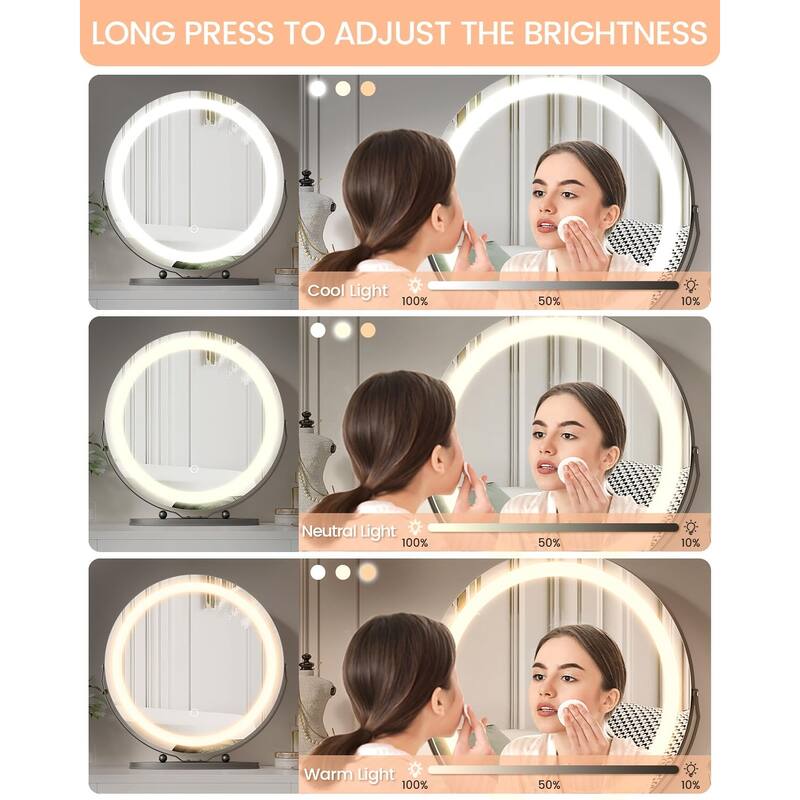 19 Inch Vanity Mirror with Lights, Round Large LED Vanity Mirror with Smart Touch 3 Colors Dimmable, Touch Lighting