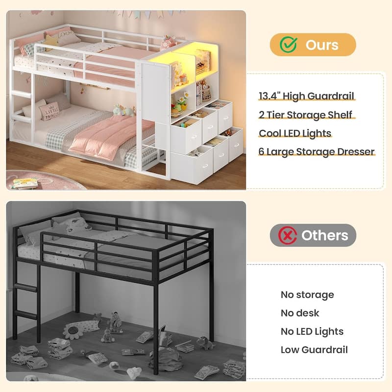 Twin Size Low Loft Bed 6 Fabric Storage Drawers LED Lights Twin Over Twin Bunk Bed