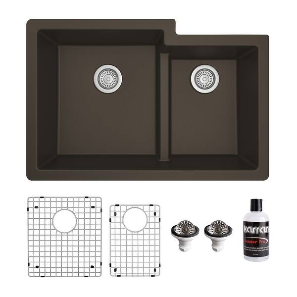 slide 59 of 68, Karran 32" Undermount Large/Small Bowl Quartz Kitchen Sink Kit - 32" x 21.25" x 9" Brown