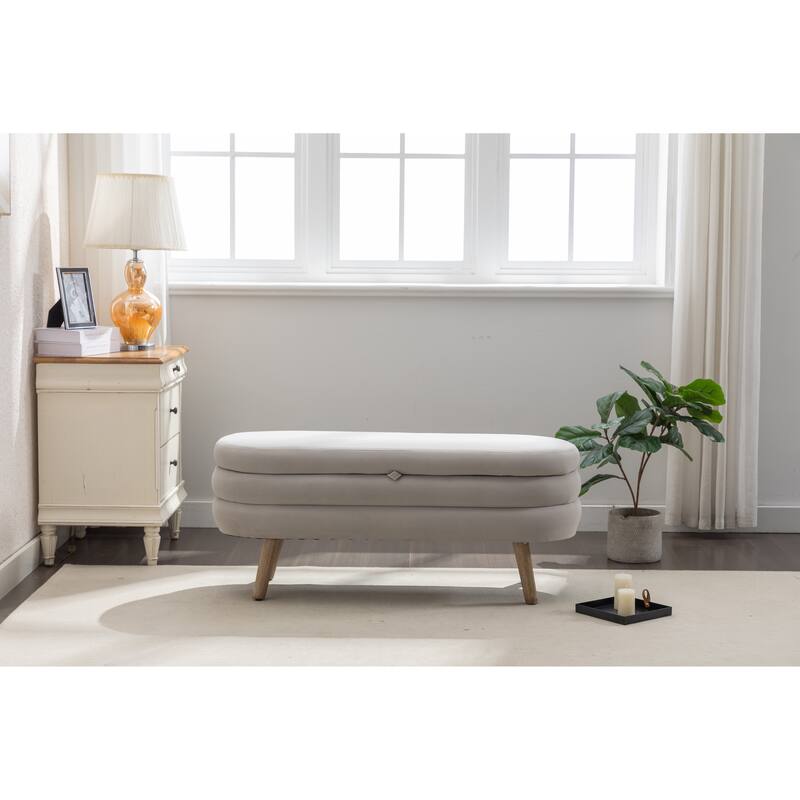 Storage Ottoman Bench with Wood Legs, 44.88" Upholstered Velvet Storage Bench for End of Bed Oval Storage Ottoman