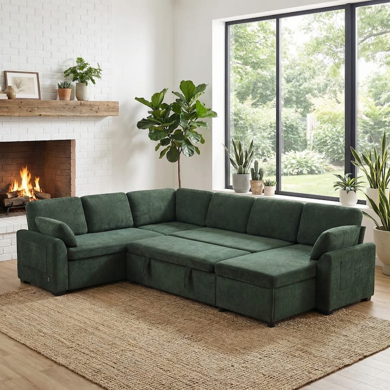 111.2" U-shaped Sofa with Reversible Chaise and Convertible Sofa Bed