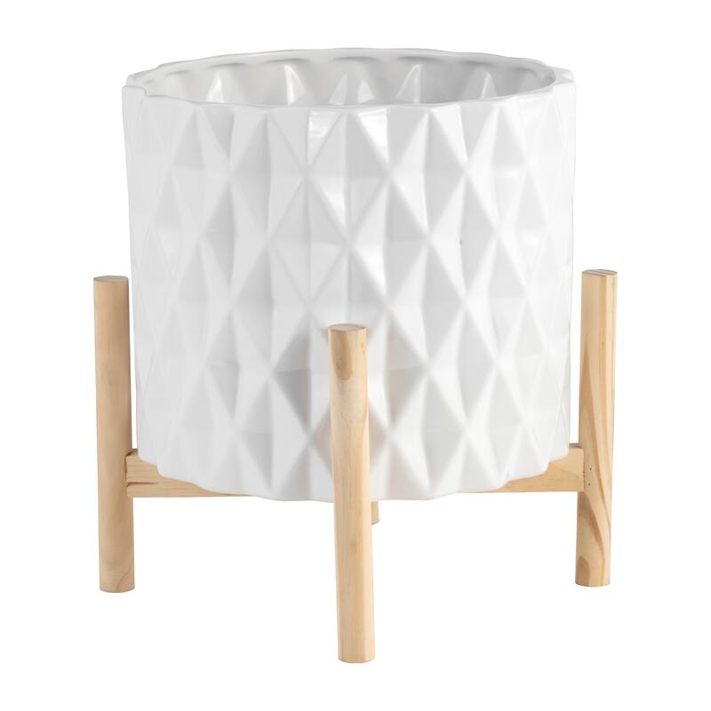 Sagebrook Home Ceramic Planter on Pine Wood Stand - Enhance Your Living Space - Garden Chic Decor