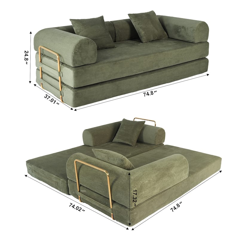 2 in 1 Foldable Sofa Bed, 75 Inch Boneless Convertible Sleeper Couch, Memory Foam Faux Fur Upholstered Floor Sofa