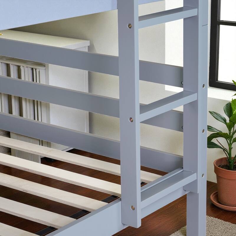 Twin Over Twin Bunk Bed with Shelves Headboard, Solid Rubber Wood Frame with Guardrails, Ladder, and Convertible Design