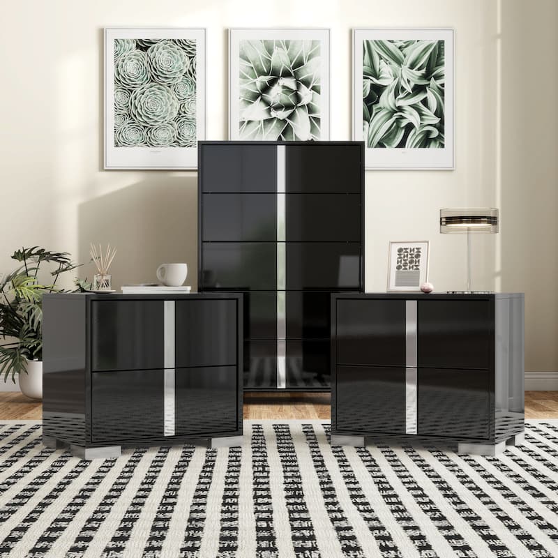 Furniture of America Erina Modern 3-Piece Glossy Chest and 2 Nightstand Bedroom Set - Black