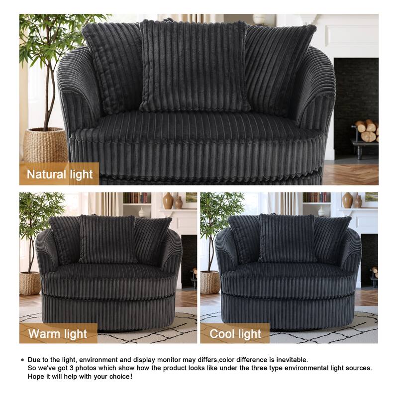 Oversized 43" W Plush Corduroy Swivel Barrel Chair with Pillows