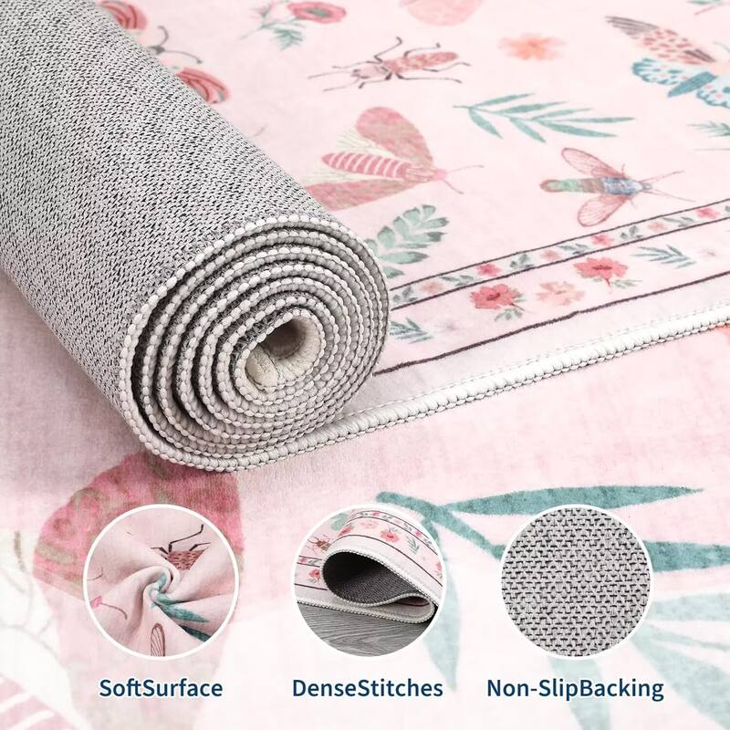 Floral Insect Print Washable Area Rugs for Living Room, Modern Non Slip Low Pile Area Rug