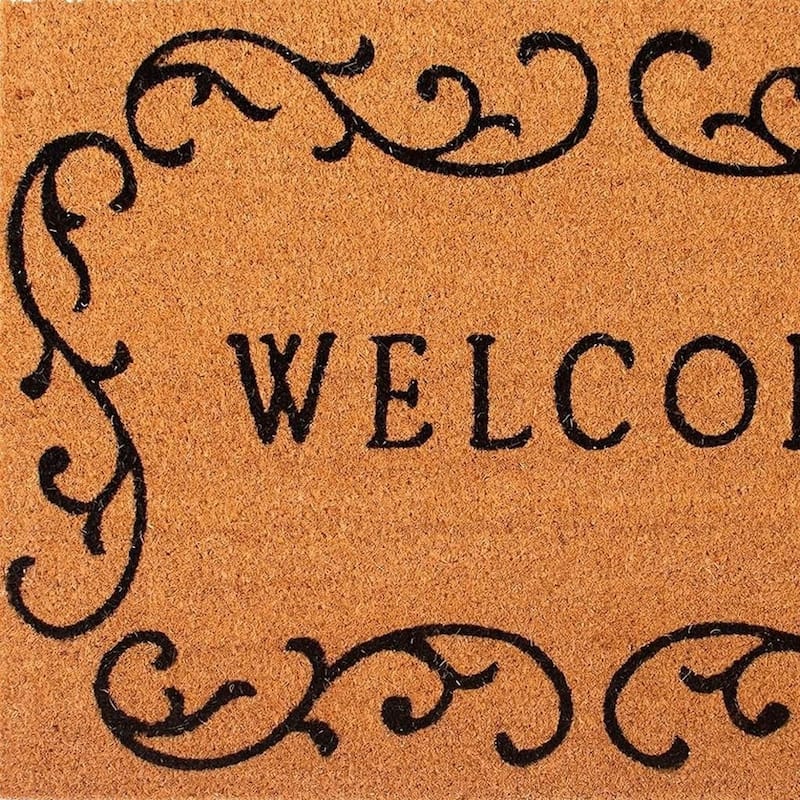 HomeRoots 17" X 29" Natural And Black Scrollwork Welcome Outdoor Coir Door Mat - 17' X '29