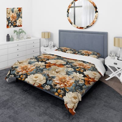 Designart "Orange Rustic Elegance Floral Pattern III" White Cottage Bedding Cover Set With 2 Shams