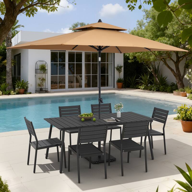 9-Piece Outdoor Patio Dining Set Aluminum Table and 8 Stackable Chairs w/ 10 FT Umbrella with Base - Black Table with Tan Umbrella
