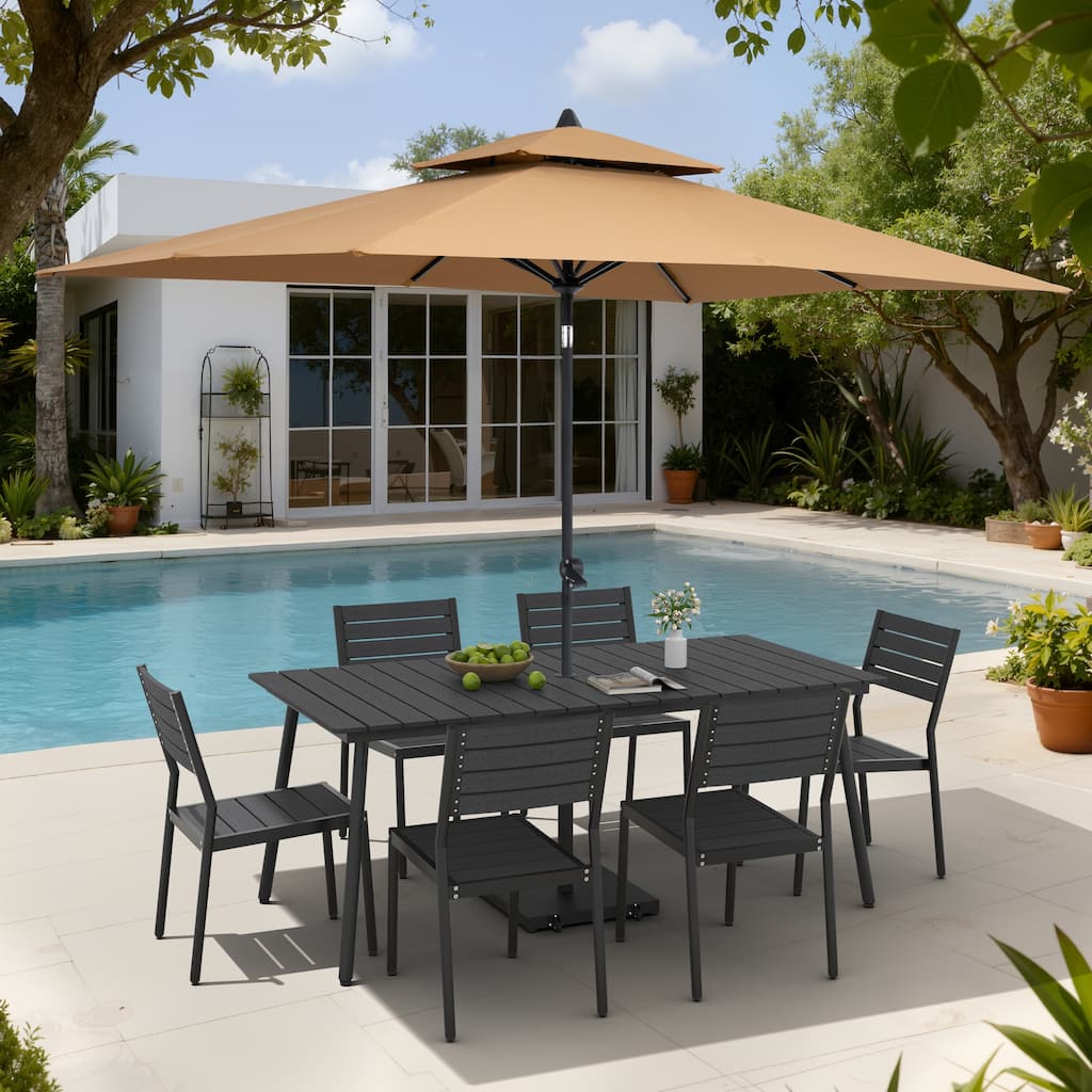 9-Piece Outdoor Patio Dining Set Aluminum Table and 8 Stackable Chairs w/ 10 FT Umbrella with Base