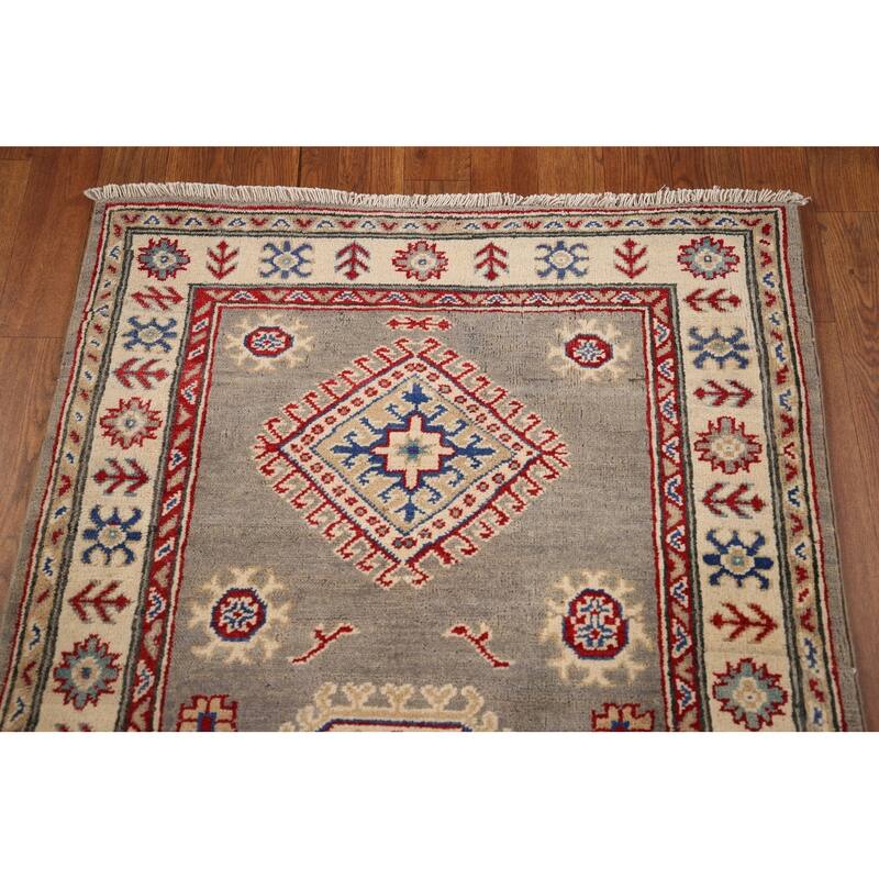 Gray Geometric Kazak Runner Rug Handmade Oriental Wool Carpet - 2'8" x 19'5"