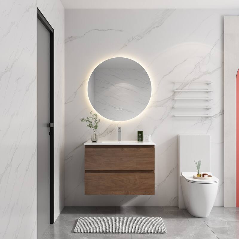 24" Floating Bathroom Vanity with Ceramic Basin, 2 Soft-Close Drawers, Eco-Friendly Plywood Construction - 30in L Plywood - 30in L Brown Oak