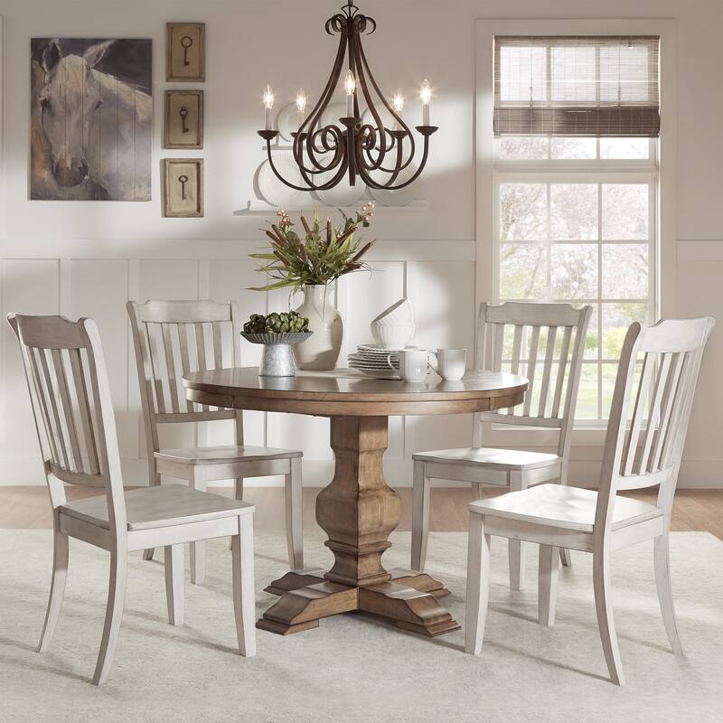 Eleanor Oak Round Solid Wood Top and Slat Back Chairs 5-piece Dining Set by iNSPIRE Q Classic - Oak Table - Antique White Chairs