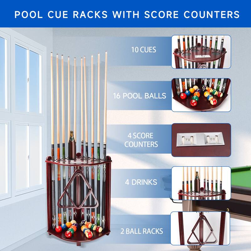 GSE™ 10-Pool Cue Wooden Corner-Style Billiard Pool Cue Rack. Floor Stand Pool Cue Stick Holder