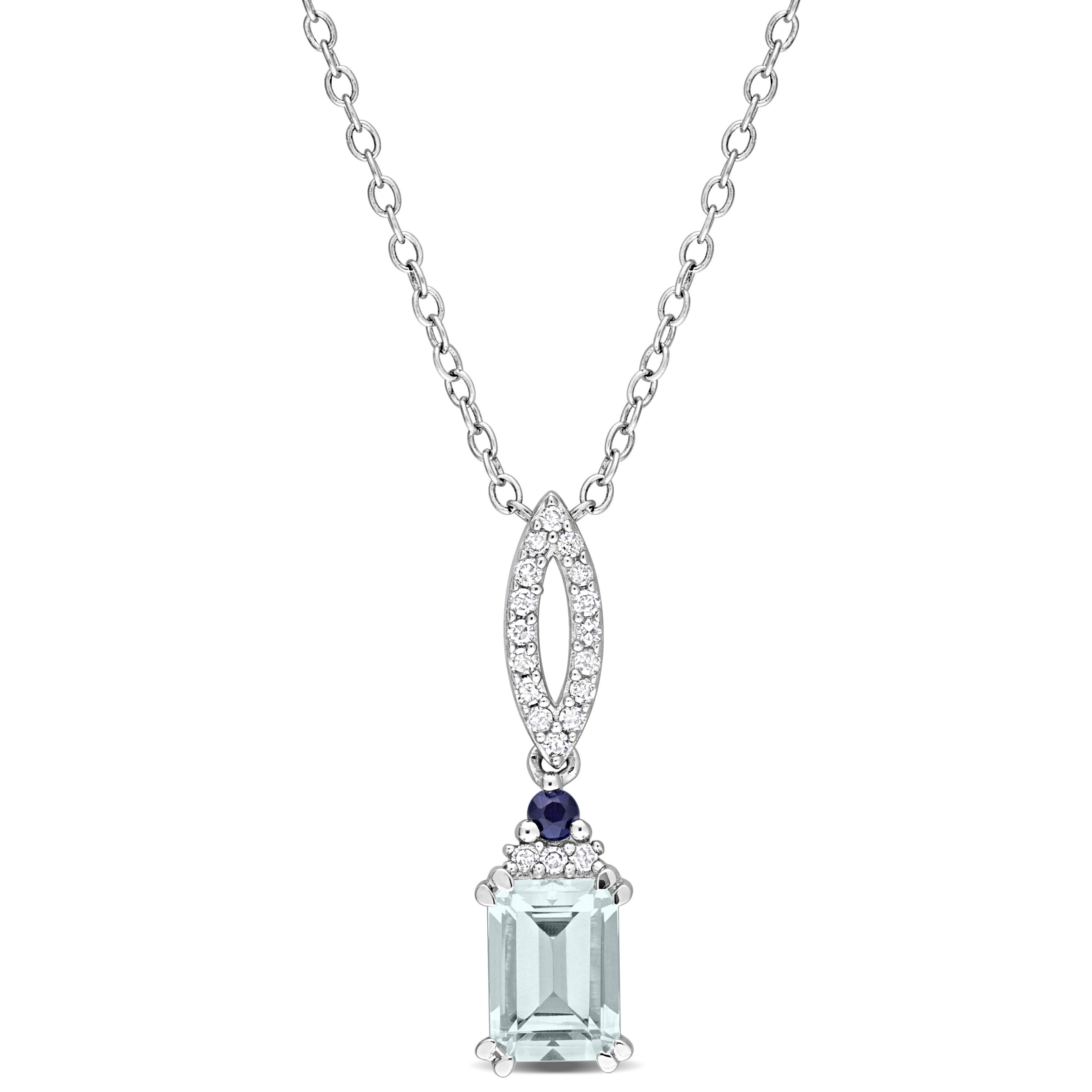Miadora 1ct TGW Aquamarine Blue Sapphire 1/10ct TDW Diamond Necklace Sterling Silver
