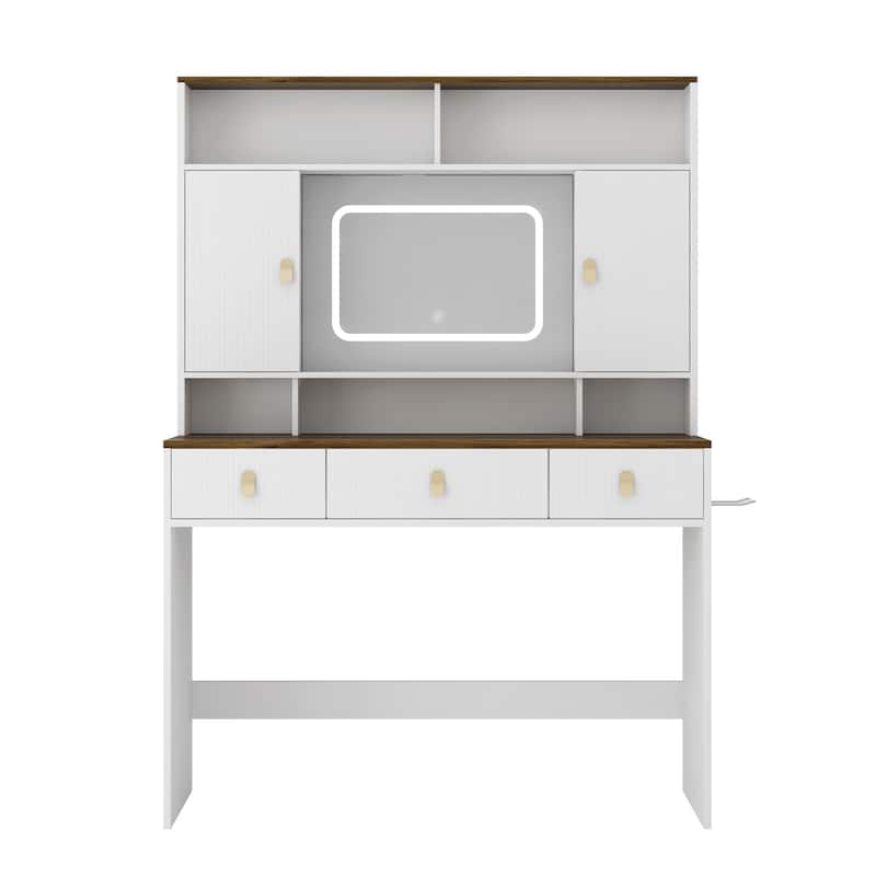 Farmhouse Vanity Desk with Makeup Mirror, Touch Light and Drawers, White Make-up Vanity Dressing Table with Charging Station