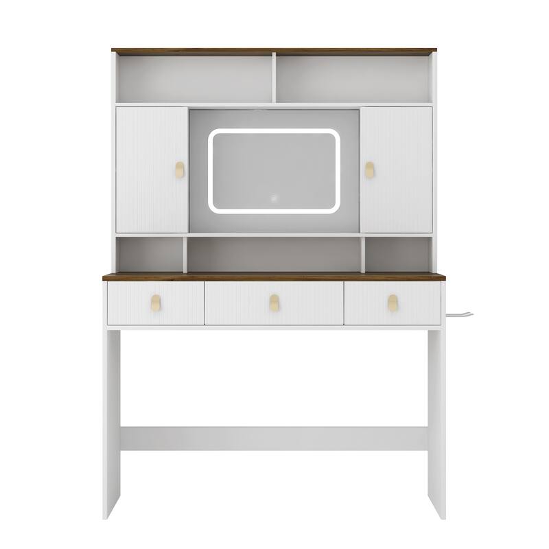 Vanity Desk with Control Lighting Mirror, 3 Lighting Color Adjustable, Dressing Table with Hair Dryer Holder, Drawer & Shelves